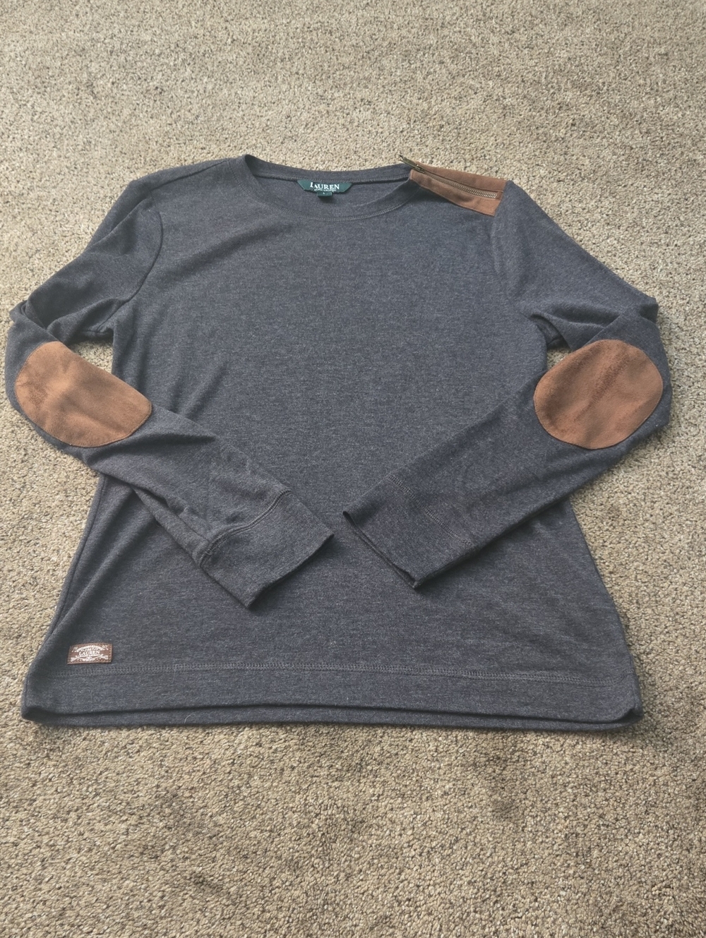 Lauren Ralph Lauren Faux‑Suede Patch Long‑Sleeve Top – Size L – Great Condition